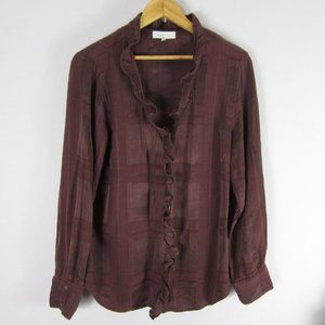 Waverly Grey Womens Large Mauve Purple LS Ruffle Shirt Blouse Viscose Rayon USA